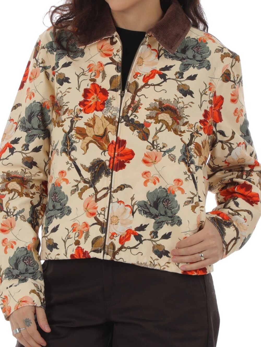 Brixton cream botanical floral mechanic garage zip jacket brown corduroy collar
